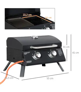 Barbacoa de Mesa a Gas Plegable con 2 Quemadores Parrilla de Gas Portátil con Tapa Acero a Carbono para Camping Picnic al Aire L