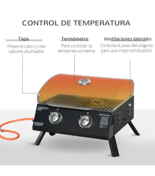 Barbacoa de Mesa a Gas Plegable con 2 Quemadores Parrilla de Gas Portátil con Tapa Acero a Carbono para Camping Picnic al Aire L