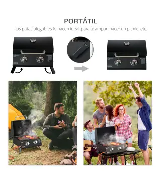 Barbacoa de Mesa a Gas Plegable con 2 Quemadores Parrilla de Gas Portátil con Tapa Acero a Carbono para Camping Picnic al Aire L