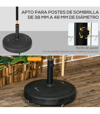 Base para Sombrilla de Resina de 25 kg con Ruedas y Asa Retráctil para Postes de Ø38/48 mm Ø53x41 cm Negro