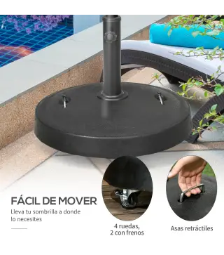 Base para Sombrilla de Resina de 25 kg con Ruedas y Asa Retráctil para Postes de Ø38/48 mm Ø53x41 cm Negro