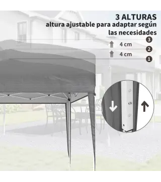 Carpa Plegable 3x3 m Pop-up Cenador de Jardín Altura Ajustable con Bolsa de Transporte Anti-UV Impermeable Gris