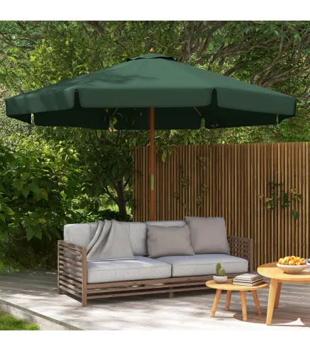 Parasol de Madera Ø325x250 cm con Sistema de Polea Techo de Ventilación y 8 Varillas de Bambú para Terraza Balcón Verde