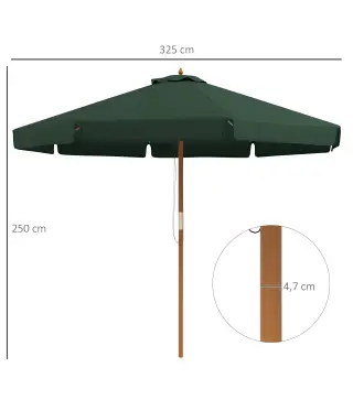 Parasol de Madera Ø325x250 cm con Sistema de Polea Techo de Ventilación y 8 Varillas de Bambú para Terraza Balcón Verde