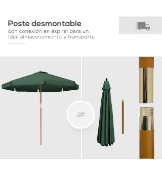Parasol de Madera Ø325x250 cm con Sistema de Polea Techo de Ventilación y 8 Varillas de Bambú para Terraza Balcón Verde