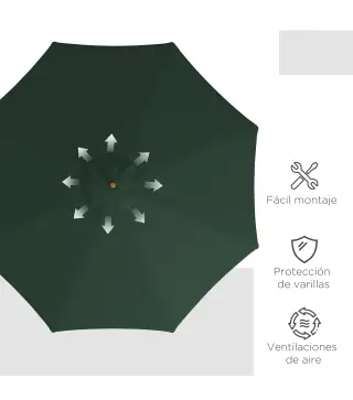 Parasol de Madera Ø325x250 cm con Sistema de Polea Techo de Ventilación y 8 Varillas de Bambú para Terraza Balcón Verde