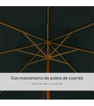 Parasol de Madera Ø325x250 cm con Sistema de Polea Techo de Ventilación y 8 Varillas de Bambú para Terraza Balcón Verde