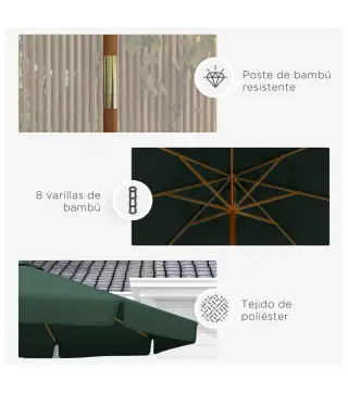 Parasol de Madera Ø325x250 cm con Sistema de Polea Techo de Ventilación y 8 Varillas de Bambú para Terraza Balcón Verde