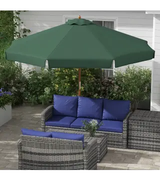 Parasol de Madera Ø325x250 cm con Sistema de Polea Techo de Ventilación y 8 Varillas de Bambú para Terraza Balcón Verde