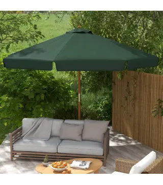 Parasol de Madera Ø325x250 cm con Sistema de Polea Techo de Ventilación y 8 Varillas de Bambú para Terraza Balcón Verde