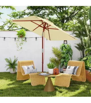 Sombrilla de Jardín Rectangular 200x150x235 cm Inclinable con Anti-UV y Poste de Madera para Terraza Patio Beige