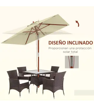 Sombrilla de Jardín Rectangular 200x150x235 cm Inclinable con Anti-UV y Poste de Madera para Terraza Patio Beige