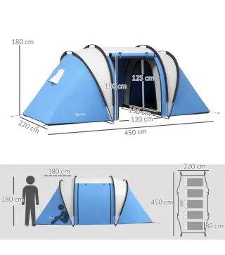 Tienda de Camping Familiar para 4-5 Personas con 2 Habitaciones Separadas Puertas y Ventanas 450x220x180 cm Azul
