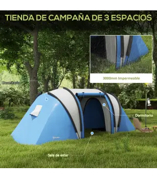 Tienda de Camping Familiar para 4-5 Personas con 2 Habitaciones Separadas Puertas y Ventanas 450x220x180 cm Azul