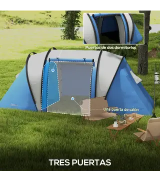 Tienda de Camping Familiar para 4-5 Personas con 2 Habitaciones Separadas Puertas y Ventanas 450x220x180 cm Azul