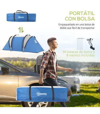 Tienda de Camping Familiar para 4-5 Personas con 2 Habitaciones Separadas Puertas y Ventanas 450x220x180 cm Azul
