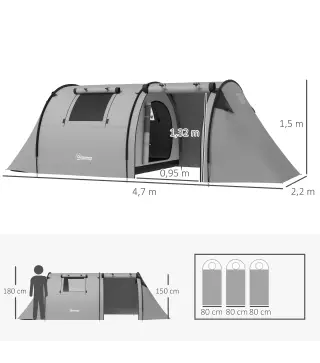 Tienda de Campaña para 3 Personas con Ventanas Gancho Bolsa de Transporte Impermeable 3000 mm 470x220x150 cm Verde