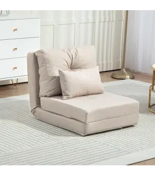 Sofá Cama Individual Plegable Sofá Cama Tapizado en Lino con Respaldo Ajustable 5 Posiciones 1 Almohada Beige