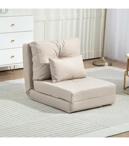 Sofá Cama Individual Plegable Sofá Cama Tapizado en Lino con Respaldo Ajustable 5 Posiciones 1 Almohada Beige
