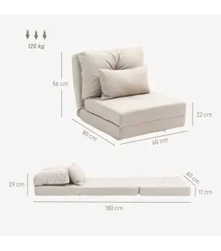 Sofá Cama Individual Plegable Sofá Cama Tapizado en Lino con Respaldo Ajustable 5 Posiciones 1 Almohada Beige