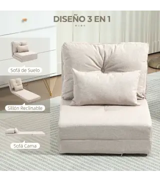 Sofá Cama Individual Plegable Sofá Cama Tapizado en Lino con Respaldo Ajustable 5 Posiciones 1 Almohada Beige