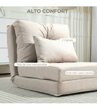 Sofá Cama Individual Plegable Sofá Cama Tapizado en Lino con Respaldo Ajustable 5 Posiciones 1 Almohada Beige