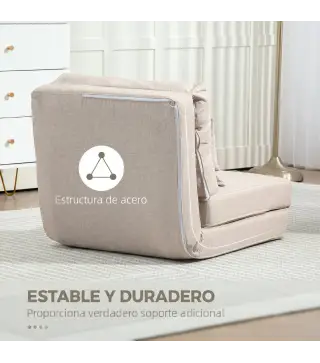 Sofá Cama Individual Plegable Sofá Cama Tapizado en Lino con Respaldo Ajustable 5 Posiciones 1 Almohada Beige