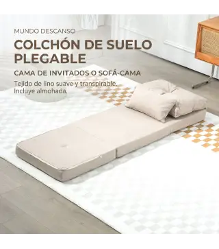 Sofá Cama Individual Plegable Sofá Cama Tapizado en Lino con Respaldo Ajustable 5 Posiciones 1 Almohada Beige