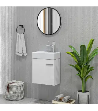 Mueble de Baño con Lavabo de Pared con Puerta con Cierre Suave y Armario 40x23x50 cm Blanco Brillante