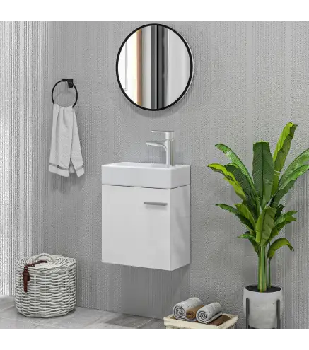 Mueble de Baño con Lavabo de Pared con Puerta con Cierre Suave y Armario 40x23x50 cm Blanco Brillante