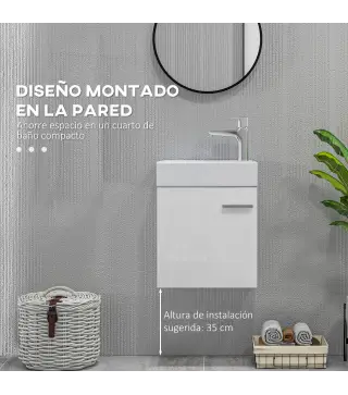 Mueble de Baño con Lavabo de Pared con Puerta con Cierre Suave y Armario 40x23x50 cm Blanco Brillante
