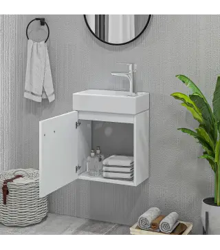 Mueble de Baño con Lavabo de Pared con Puerta con Cierre Suave y Armario 40x23x50 cm Blanco Brillante