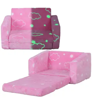 Sofá Infantil Plegable 2 en 1 Tapizado de Tela Luminosa con Patrón de Nubes Cojín y Funda Lavables Rosa