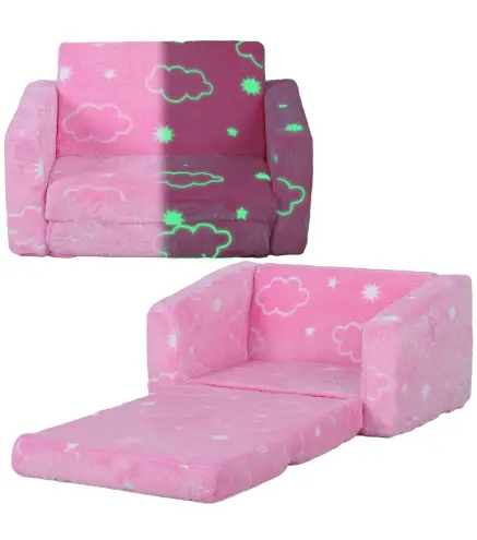 Sofá Infantil Plegable 2 en 1 Tapizado de Tela Luminosa con Patrón de Nubes Cojín y Funda Lavables Rosa