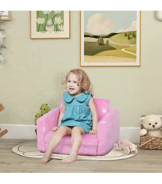 Sofá Infantil Plegable 2 en 1 Tapizado de Tela Luminosa con Patrón de Nubes Cojín y Funda Lavables Rosa