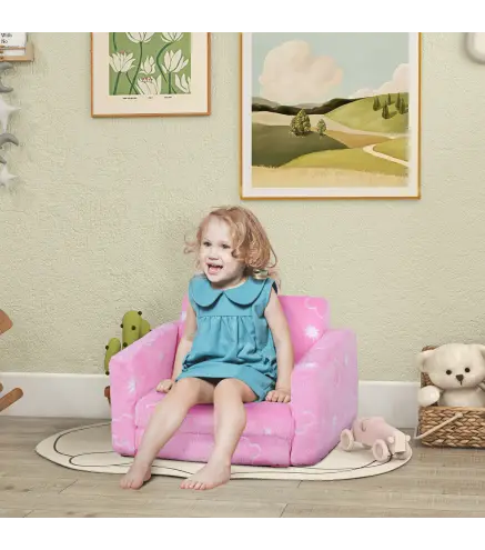 Sofá Infantil Plegable 2 en 1 Tapizado de Tela Luminosa con Patrón de Nubes Cojín y Funda Lavables Rosa