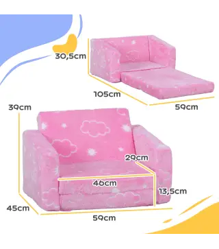 Sofá Infantil Plegable 2 en 1 Tapizado de Tela Luminosa con Patrón de Nubes Cojín y Funda Lavables Rosa