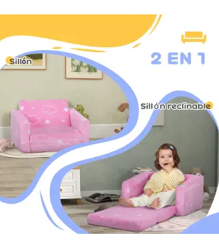Sofá Infantil Plegable 2 en 1 Tapizado de Tela Luminosa con Patrón de Nubes Cojín y Funda Lavables Rosa