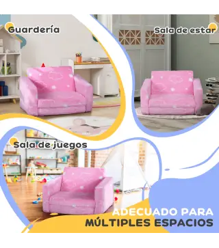 Sofá Infantil Plegable 2 en 1 Tapizado de Tela Luminosa con Patrón de Nubes Cojín y Funda Lavables Rosa
