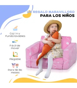 Sofá Infantil Plegable 2 en 1 Tapizado de Tela Luminosa con Patrón de Nubes Cojín y Funda Lavables Rosa
