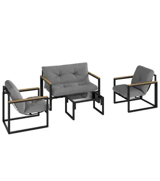 Conjunto de Muebles de Jardín de 4 Piezas con Sofá de 2 Plazas y 2 Butacas con Cojines y Mesa de Centro de Vidrio Gris