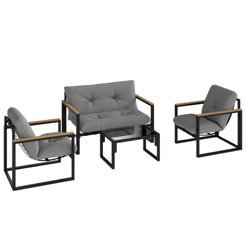 Conjunto de Muebles de Jardín de 4 Piezas con Sofá de 2 Plazas y 2 Butacas con Cojines y Mesa de Centro de Vidrio Gris