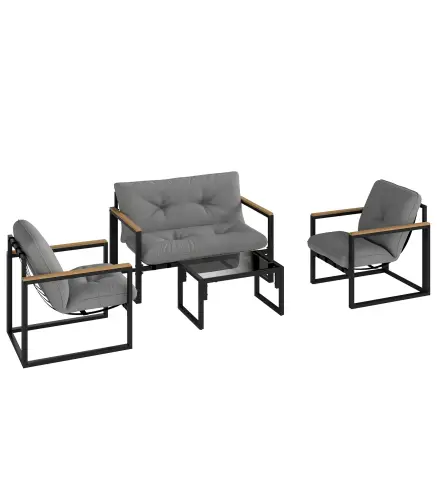Conjunto de Muebles de Jardín de 4 Piezas con Sofá de 2 Plazas y 2 Butacas con Cojines y Mesa de Centro de Vidrio Gris