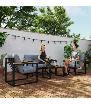 Conjunto de Muebles de Jardín de 4 Piezas con Sofá de 2 Plazas y 2 Butacas con Cojines y Mesa de Centro de Vidrio Gris