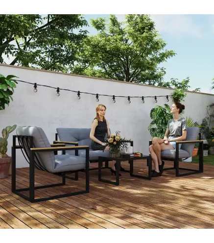 Conjunto de Muebles de Jardín de 4 Piezas con Sofá de 2 Plazas y 2 Butacas con Cojines y Mesa de Centro de Vidrio Gris