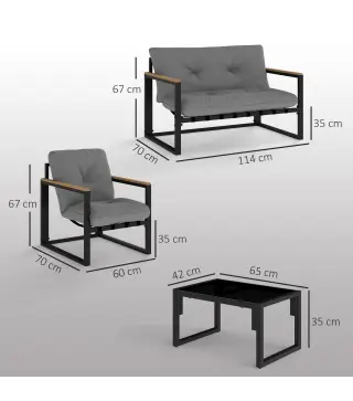 Conjunto de Muebles de Jardín de 4 Piezas con Sofá de 2 Plazas y 2 Butacas con Cojines y Mesa de Centro de Vidrio Gris
