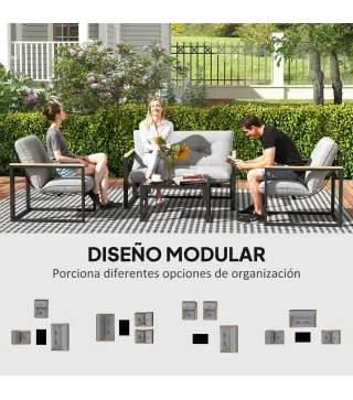 Conjunto de Muebles de Jardín de 4 Piezas con Sofá de 2 Plazas y 2 Butacas con Cojines y Mesa de Centro de Vidrio Gris