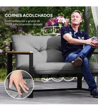 Conjunto de Muebles de Jardín de 4 Piezas con Sofá de 2 Plazas y 2 Butacas con Cojines y Mesa de Centro de Vidrio Gris