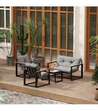 Conjunto de Muebles de Jardín de 4 Piezas con Sofá de 2 Plazas y 2 Butacas con Cojines y Mesa de Centro de Vidrio Gris