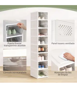 8 Cajas para Zapatos Apilables y Plegable con Puertas Transparentes hasta Talla 43 No Requiere Montaje Blanco